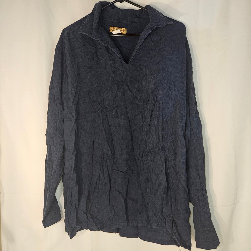 Y-Chrome Gauze Shirt V-Neck Long Sleeve Casual Top Navy‎ Blue Large